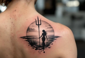 trident half way under calm water at sunset with topless woman tattoo idea
