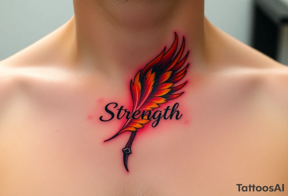 A golden phoenix feather with a fiery red glow, featuring the word "Strength", symbolizing resilience and passion in love tattoo idea