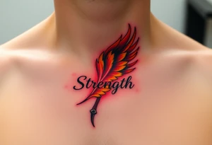 A golden phoenix feather with a fiery red glow, featuring the word "Strength", symbolizing resilience and passion in love tattoo idea