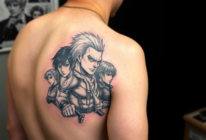 Battle royal anime sleeve with several characters from different Manga tattoo idea