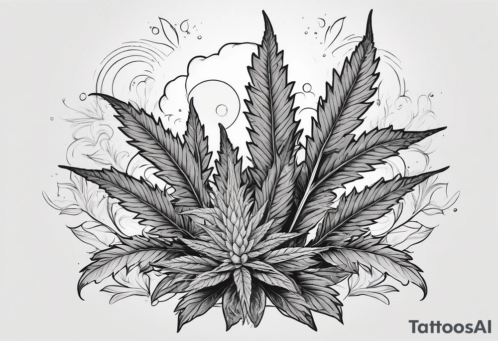 Minimal line art of cannabis plant from base to top with buds blooming. Around it are other plants like pothos leaves and mushrooms about to fruit. Incorporate the solar cycle and lunar cycle tattoo idea