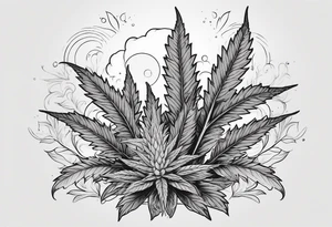 Minimal line art of cannabis plant from base to top with buds blooming. Around it are other plants like pothos leaves and mushrooms about to fruit. Incorporate the solar cycle and lunar cycle tattoo idea