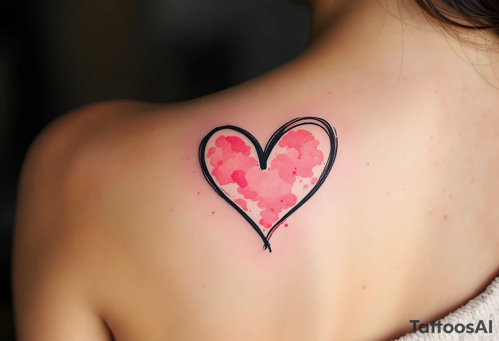 Heart outlines in black ink filled with soft pink watercolor splashes on opposite partners shoulders. tattoo idea