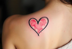 Heart outlines in black ink filled with soft pink watercolor splashes on opposite partners shoulders. tattoo idea