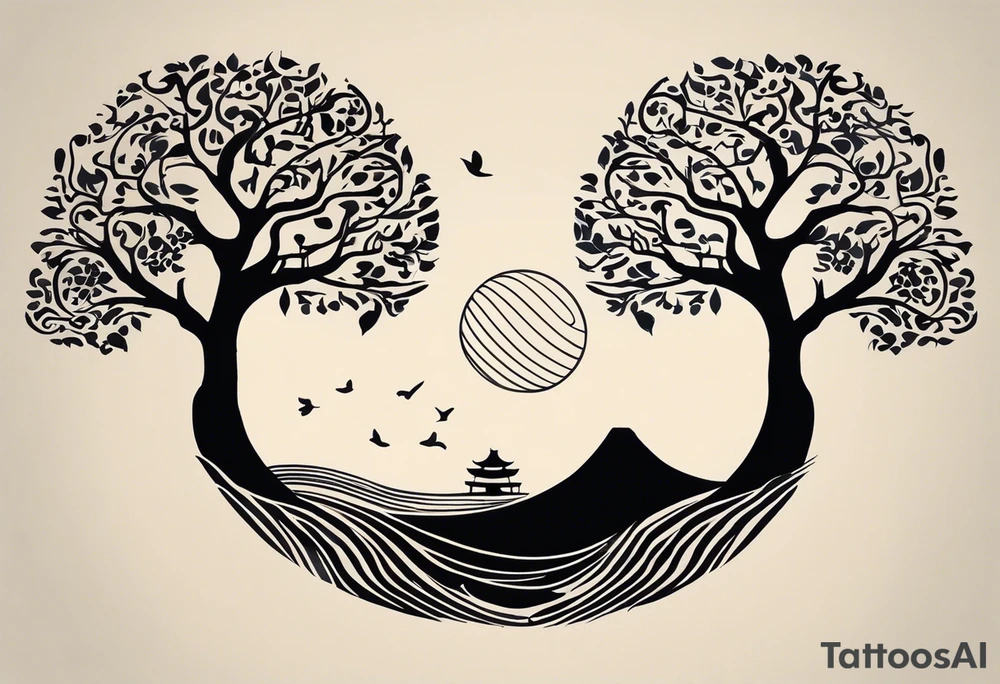 an abstract Tree of Life tattoo. It should have roots growing out of the bottom. The roots slowly turn into water from the Great Wave by Hokusai. A golf flag should be placed discreetly growing out of the ground. 2 license plate tags should be hanging from the tree. Place a few music notes in the areas the leaves should be. The letters A U should be engraved into the tree trunk in a heart. tattoo idea