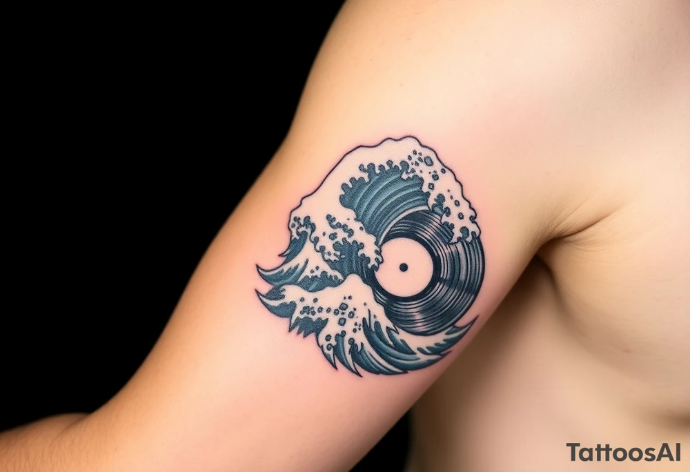 waves crashing into a vinyl record tattoo idea