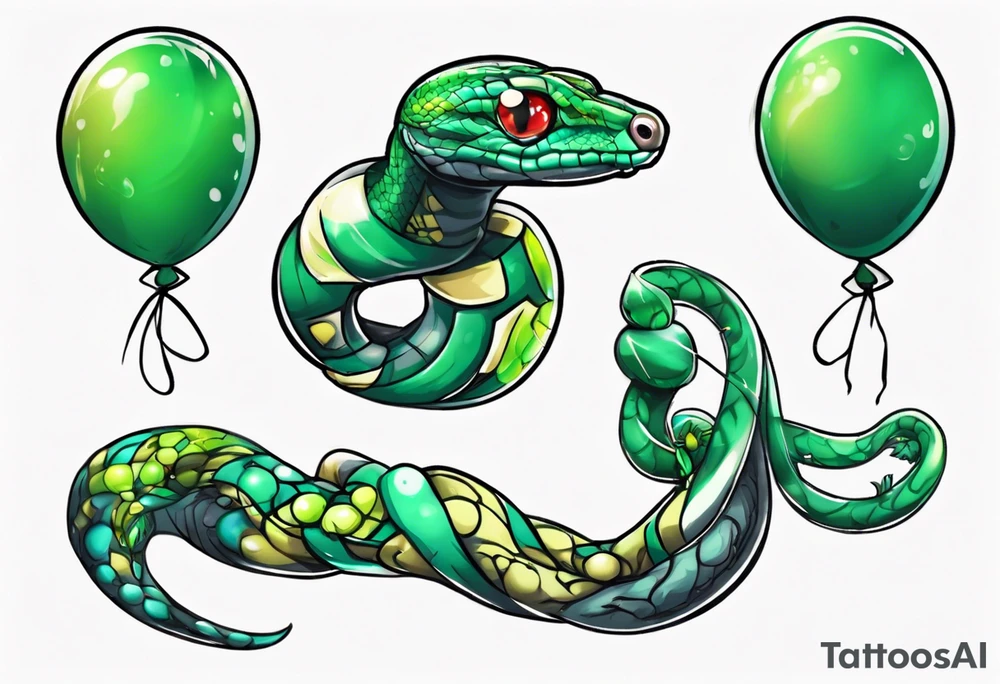 ballpython with colored ballons aside and a green gem on the other side tattoo idea