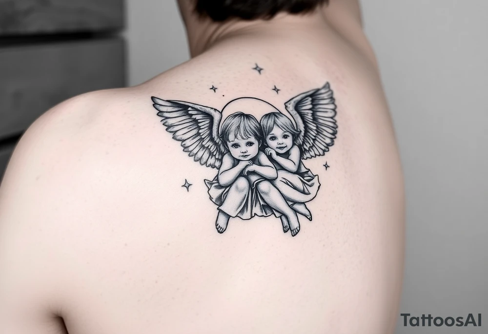 Tatoo down side to thigh, something with angels and kids tattoo idea