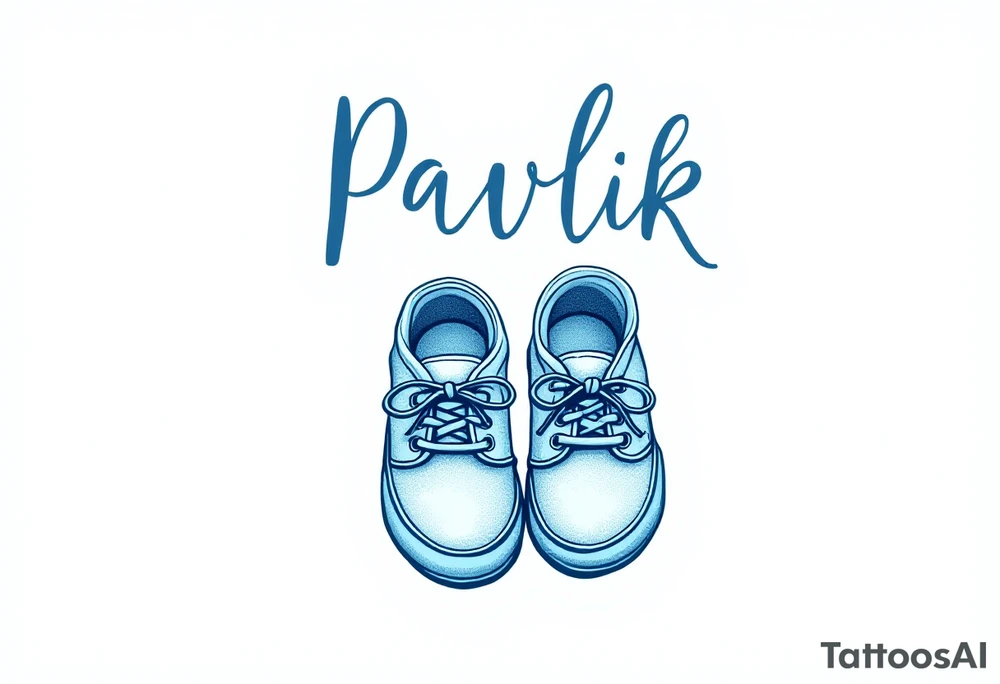 Pavlík written above a tiny pair of baby shoes in dusty blue. tattoo idea