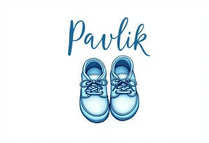 Pavlík written above a tiny pair of baby shoes in dusty blue. tattoo idea