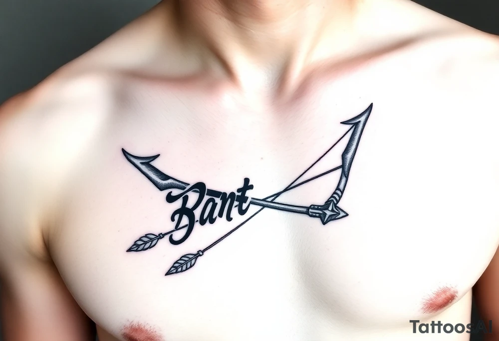 chest tattoo with japanese writing combined with bow and arrow tattoo idea