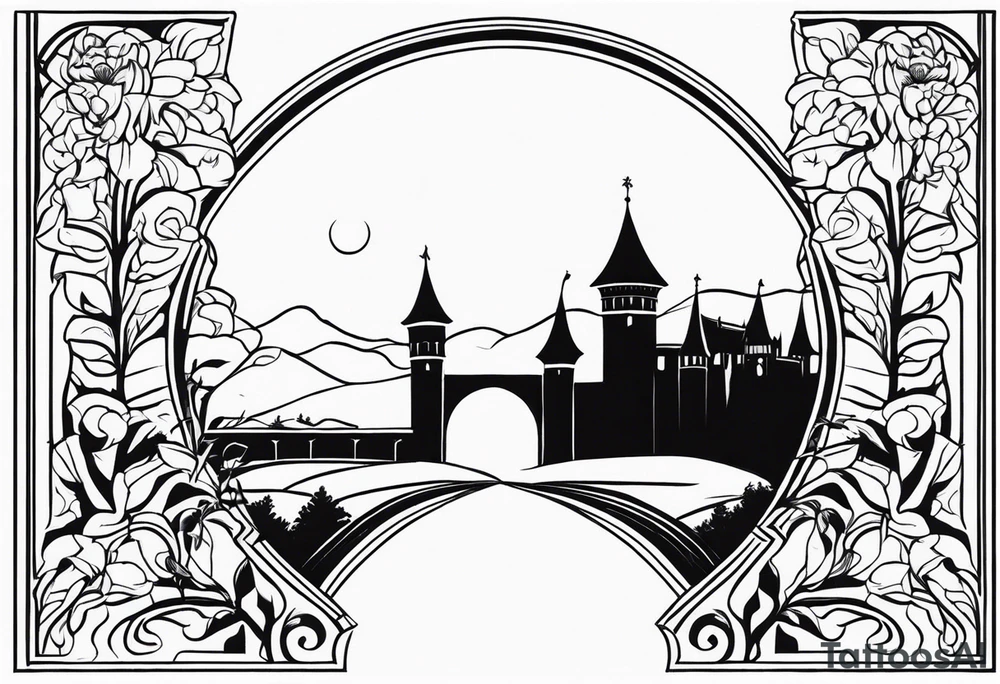 medieval tribal city gate floral land vignette tattoo idea