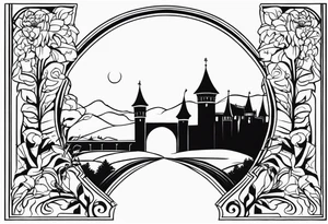 medieval tribal city gate floral  land  vignette tattoo idea