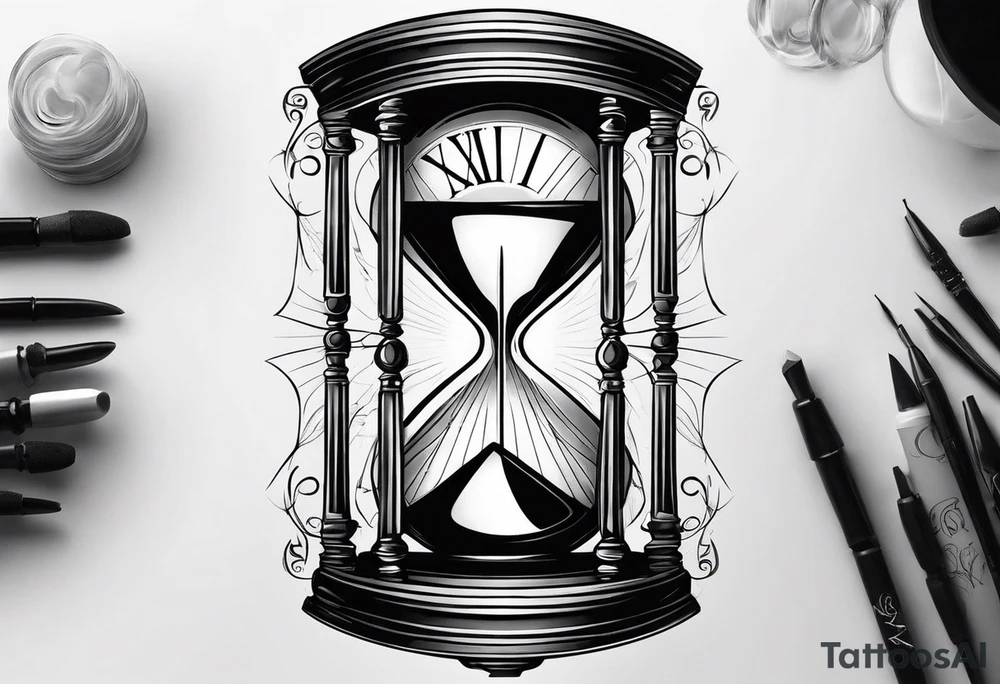 draw a clock/hourglass. They are surrounded by Roman numerals. It is a black and white tattoo for the right shoulder of a man tattoo idea