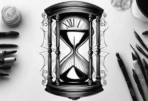 draw a clock/hourglass. They are surrounded by Roman numerals. It is a black and white tattoo for the right shoulder of a man tattoo idea