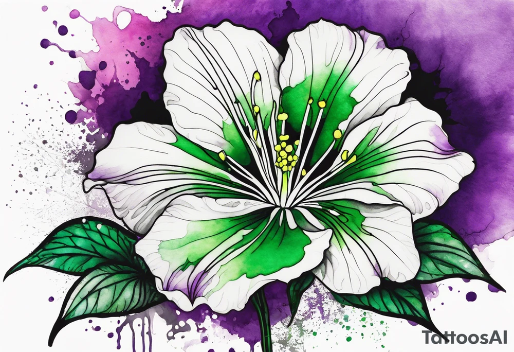 An outline of a green rio dipladenia flower and a green and purple watercolor splash in the background tattoo idea