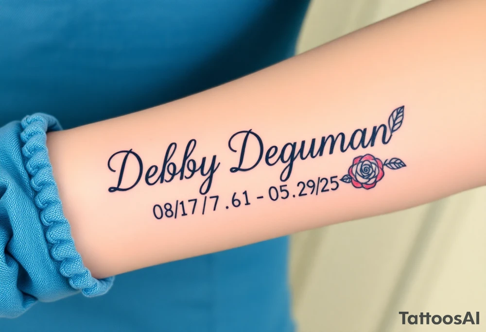 Tattoo of the exact name Debby Deguzman in chunky curly cursive with the exact dates of 08/17/61-05/29/25 surrounded by 1 hummingbird and 1 rose tattoo idea