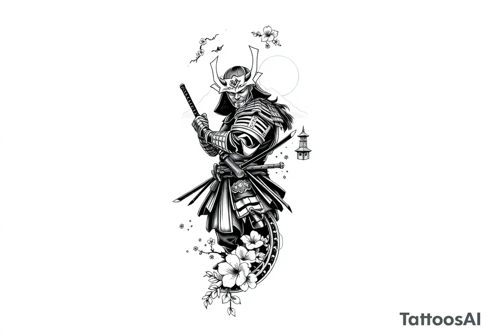 Design an all-black full arm sleeve tattoo featuring a Japanese samurai in full armor with a katana, positioned dynamically. Surrounding the samurai are flowing cherry blossoms, a misty mountain range, and traditional Japanese structures like a pagoda. On the inner forearm, include a detailed Oni mask with sharp features and exaggerated shading. Use dark, dense black ink to create depth, with smooth transitions between the elements, blending the samurai, blossoms, mask, and mountains into a cohesive, flowing design tattoo idea