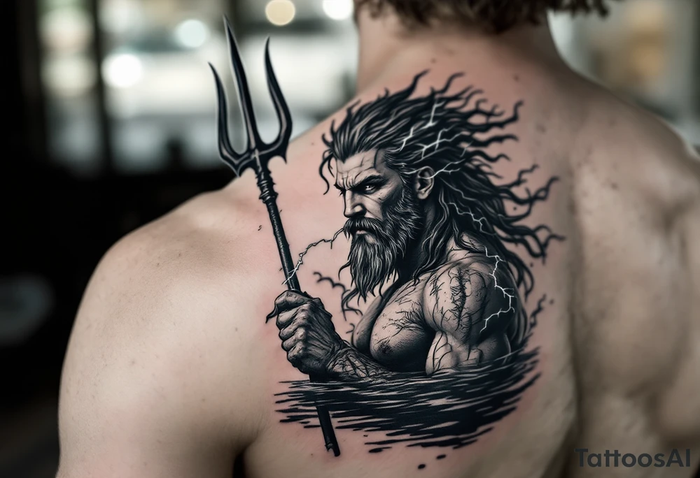 fit poseidon, behind a trident, with lightning, in calm water tattoo idea
