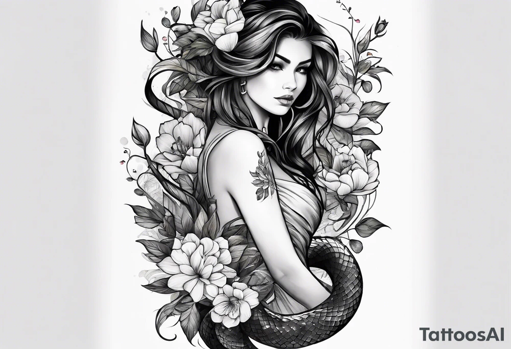 Spine tattoo, snake and flowers tattoo idea