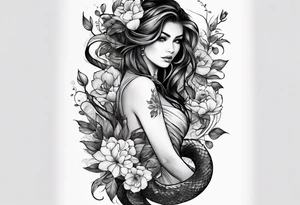 Spine tattoo, snake and flowers tattoo idea