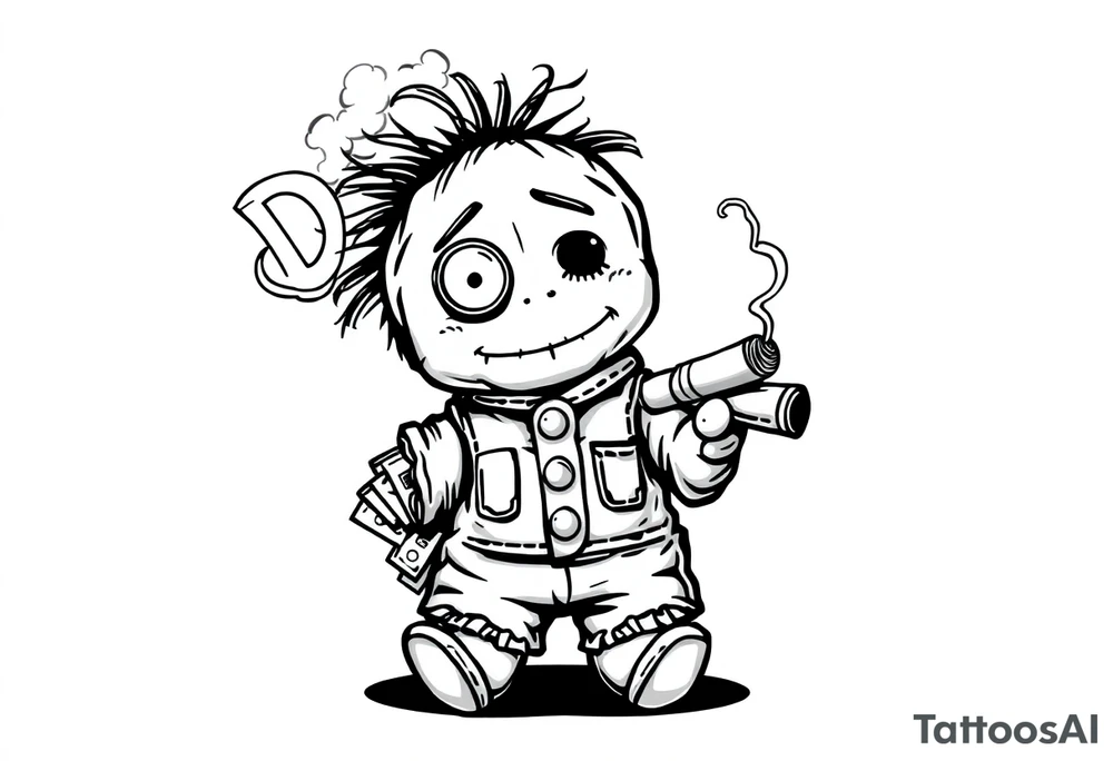 Stitched up rag doll with a button as one eye and some thread as the other. Holding some money in one hand and a cigar in the other hand. Smoke pouring off the cigar with the cloud of smoke above spelling out the word DOPE tattoo idea