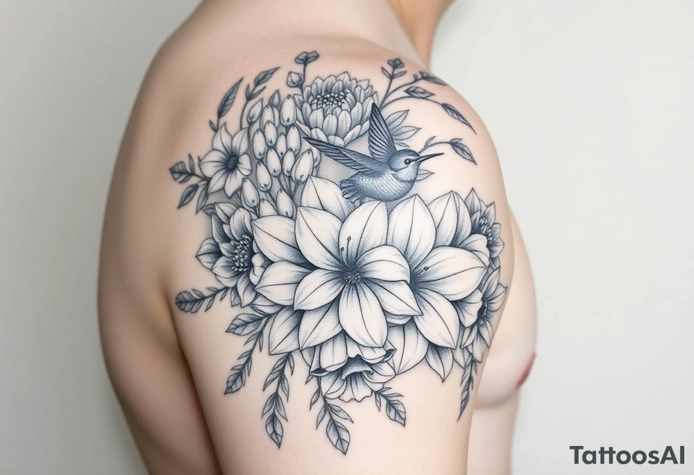 Can you create an image of a tattoo that will go on my upper arm including the following floral arrangement done very light handed and with soft lines- 1 large violet, 1 large carnation, 1 large lily of the valley, 1 large narcicuss, 1 medium carnation, 1 medium violet, 1 small dafodil, 2 small water lillies, and 1 small chrysanthemum. Add a small hummingbird drinking out of the large narcicuss. I want it on my upper right arm on the outside but slightly wrapping around the outer arm. I would like some greenery to fill in spaces as well. Make it large enough to fill my upper arm. I want the flowers to have dramatic and realistic shading. tattoo idea