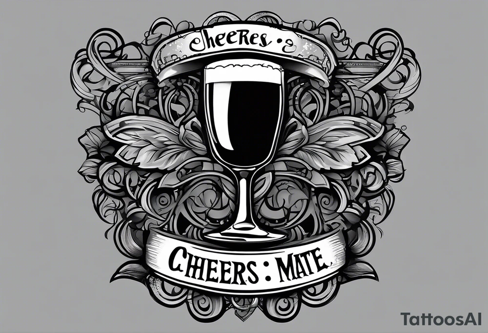 "Cheers Mate" text black and grey ink armband, intricate, artistic +abstract +grey Cancer Ribbon tattoo idea