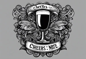 "Cheers Mate" text black and grey ink armband, intricate, artistic +abstract +grey Cancer Ribbon tattoo idea