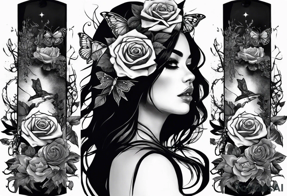 A sleeve tattoo whose elements seem to be connected into one story. Elements on the tattoo: a skull with a rose sticking out of the eye, plants, a girl’s face turning into roots, a destroyed old chain, a broken sword, a butterfly and you can add some connecting elements tattoo idea