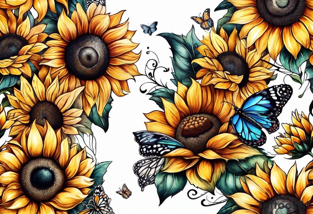 Arm sleeve with sunflowers and butterflies tattoo idea