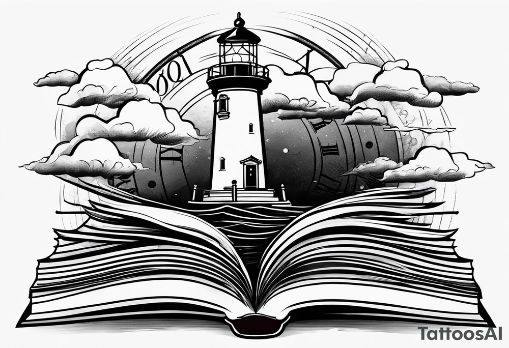minimalist "open book" with a lighthouse in the middle and a clock and surrounded by storm tattoo idea