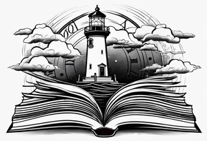 minimalist "open book" with a lighthouse in the middle and a clock and surrounded by storm tattoo idea