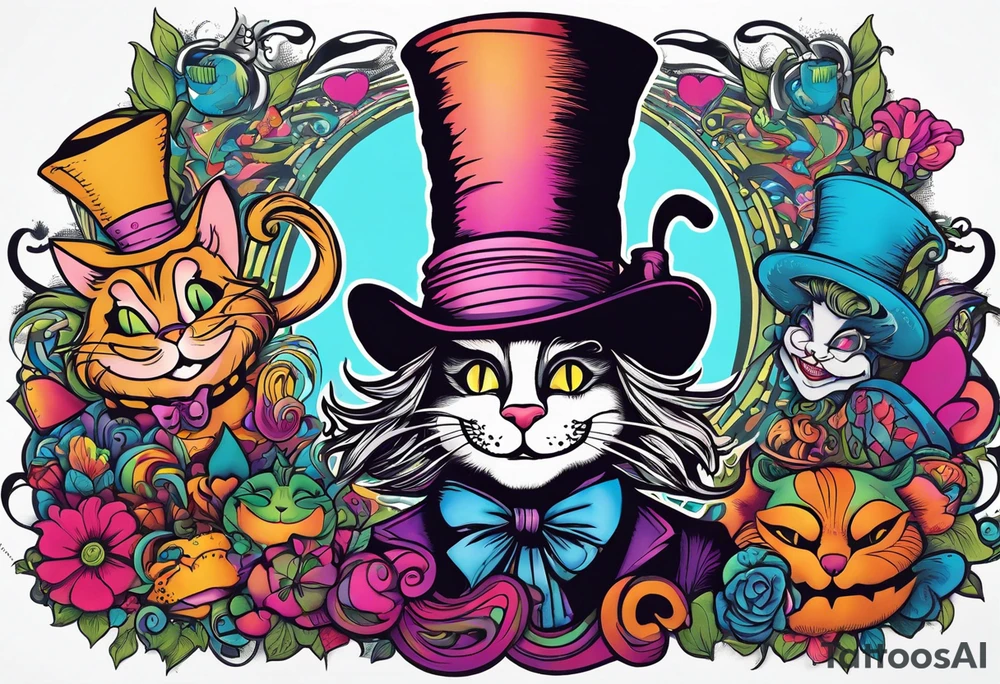 Alice in Wonderland. Mad hatter, Cheshire Cat, hook-a smoking caterpillar, eat me, drink me, we are all mad here. Colorful. Psychedelic. Playful. tattoo idea