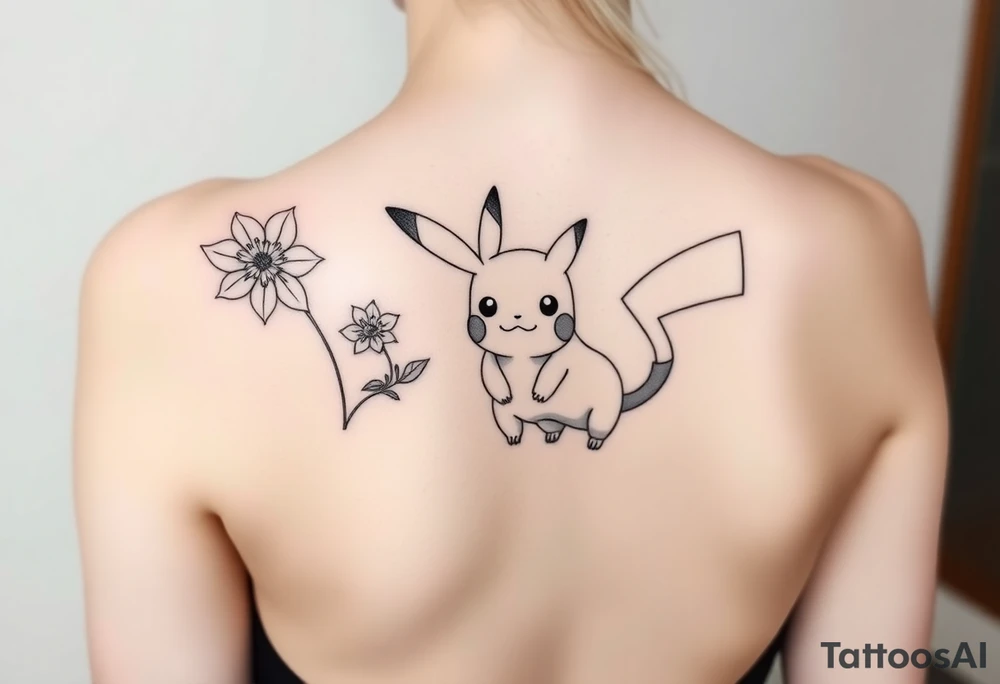 Thin outline of daffodil flowers, narcissist flowers, a cute Pikachu and Bulbasaur together tattoo idea