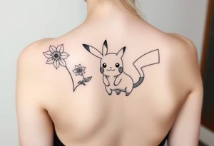 Thin outline of daffodil flowers, narcissist flowers, a cute Pikachu and Bulbasaur together tattoo idea