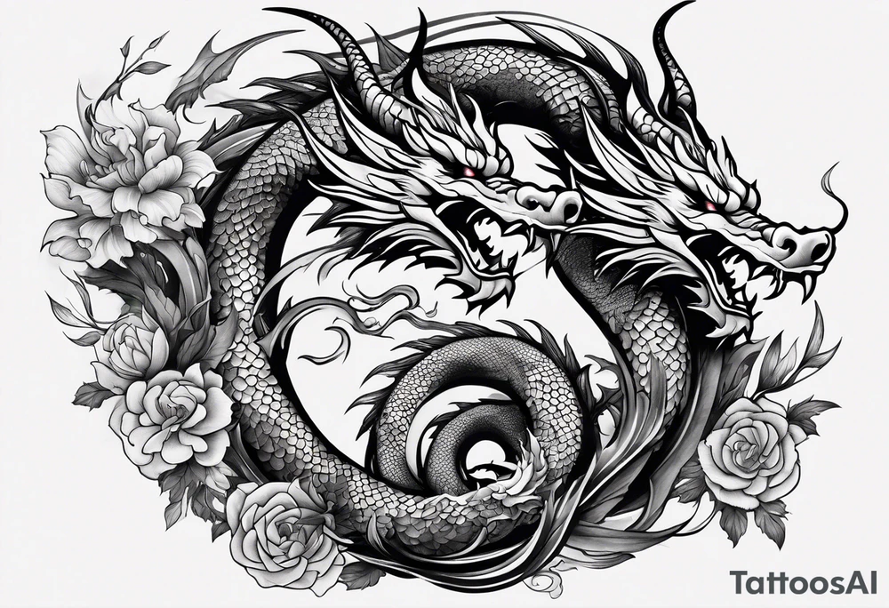 white and black dragon intertwined around the yinyan and with each other tattoo idea
