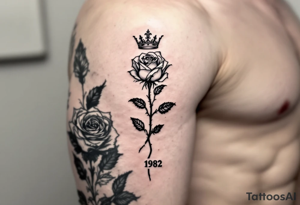 long stem rose with a crown  on top and 1982 tattoo idea