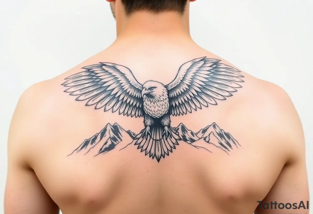 majestic eagle spreading wings against mountain peaks tattoo idea