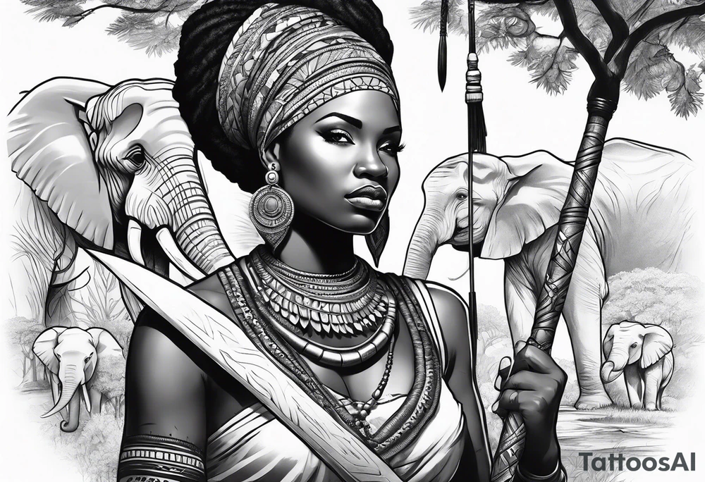 African woman warrior holding spear with ear rings and trees and brids and elephants in the background tattoo idea