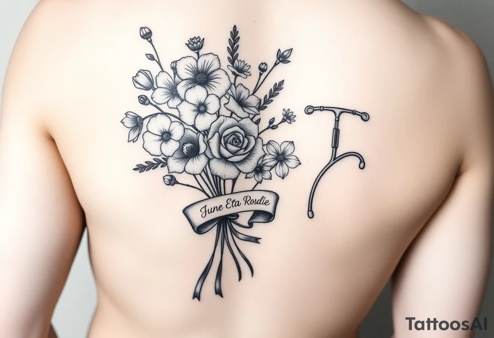 Half arm sleeve tattoo of 3 hollyhock flowers, one wild rose, 5 wild flowers in a bouquet with ribbon bow towards the bottom like the just got picked. On the ribbon include three names: June Etta, Roxy, Rosalie. Next the bouquet sperately put a full realistic doctors stethoscope tattoo idea