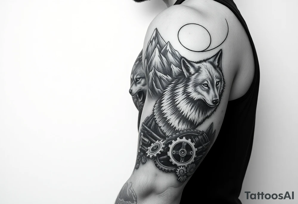 Mountains and wolves as symbols of strength and nature, combined with mechanical details (pistons, gears, rims) that are “hidden” in the landscape.

Black/gray realism with a bit of old-school shading to give a more masculine look tattoo idea