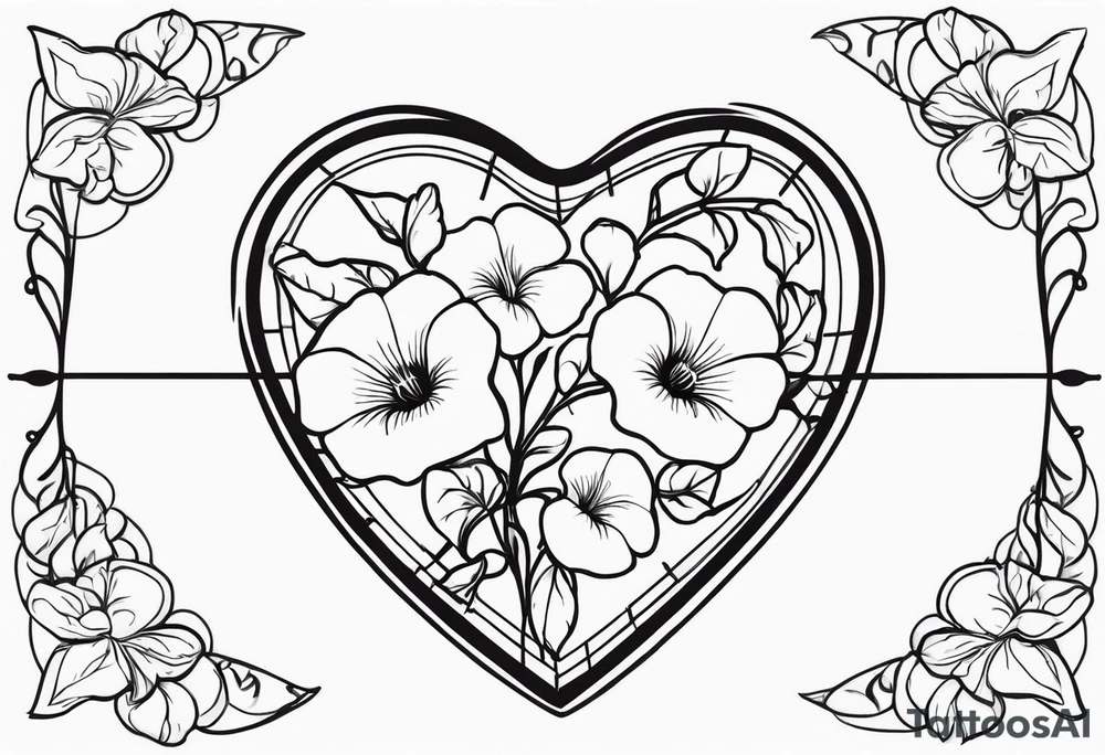 Heart with morning glory flowers and Cameron as the line to draw the heart and the time 8:34am written with the line tattoo idea