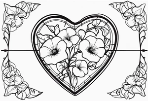 Heart with morning glory flowers and Cameron as the line to draw the heart and the time 8:34am written with the line tattoo idea