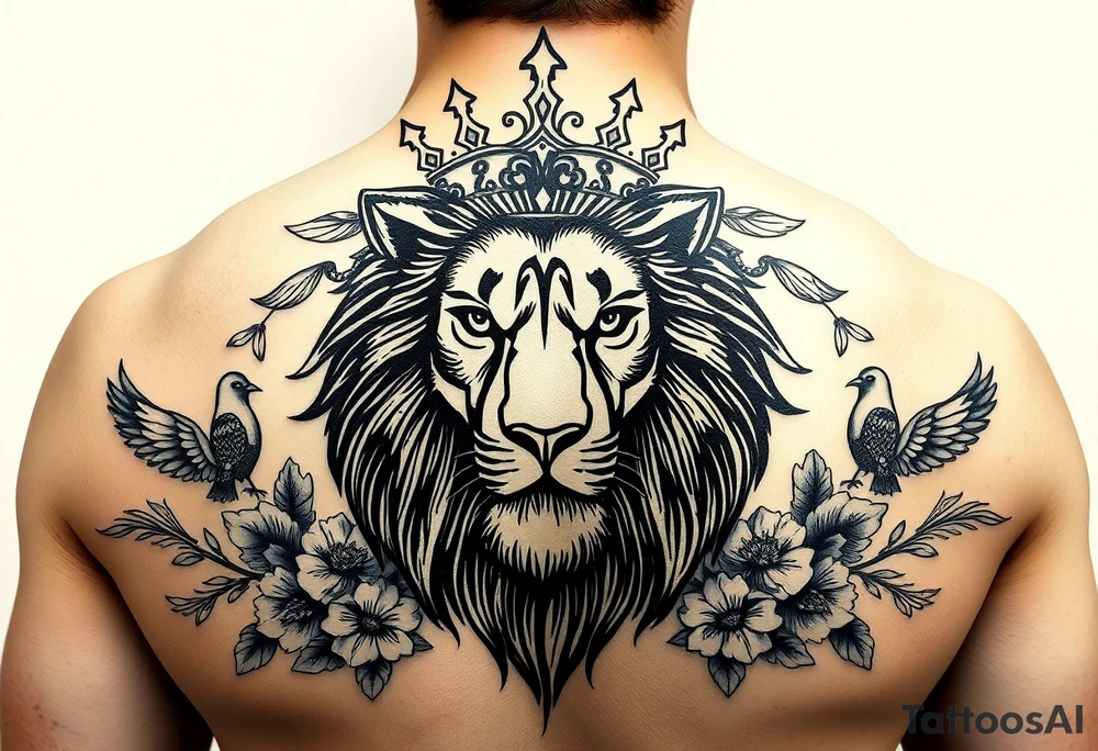 powerful majestic lion with a crown, surrounded by floral ornaments and birds tattoo idea