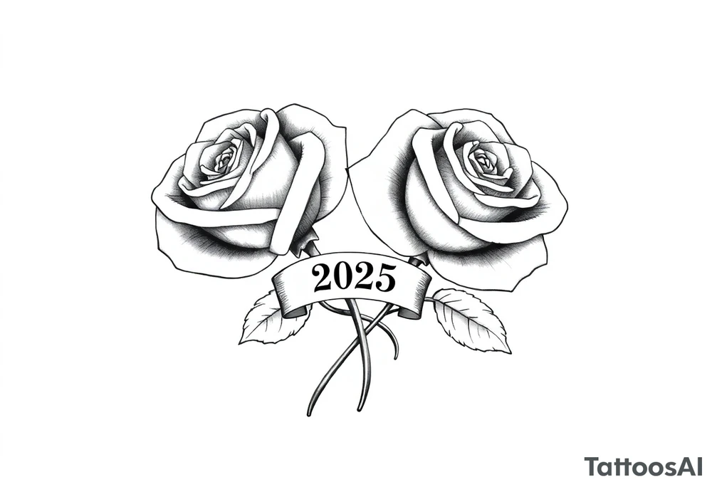 two big beautiful roses with their stems intertwined, with a small banner with the year "2025" on it with "薔薇" written under the year, tying them together. tattoo idea