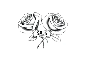 two big beautiful roses with their stems intertwined, with a small banner with the year "2025" on it with "薔薇" written under the year, tying them together. tattoo idea