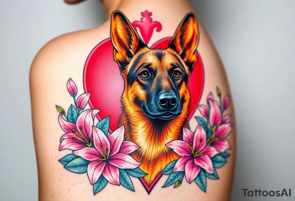 realistic german shepherd with alert ears looking protective surrounded by pink lilies with leaves in front of a sacred heart tattoo idea