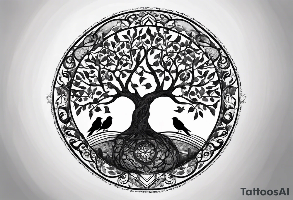 Tree of life in a broken circle with birds representing family members tattoo idea