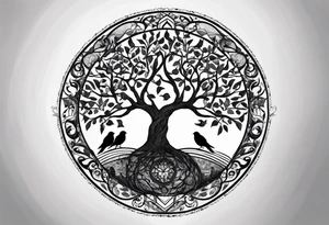 Tree of life in a broken circle with birds representing family members tattoo idea